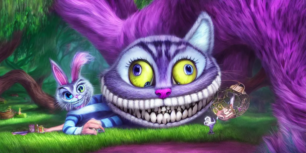 Image similar to The Cheshire Cat, Alice in wonderland, colorful, wide angle, super highly detailed, professional digital painting, artstation, concept art, smooth, sharp focus, no blur, no dof, extreme illustration, Unreal Engine 5, Photorealism, HD quality, 8k resolution, cinema 4d, 3D, beautiful, cinematic, art by artgerm and greg rutkowski and alphonse mucha and loish and WLOP