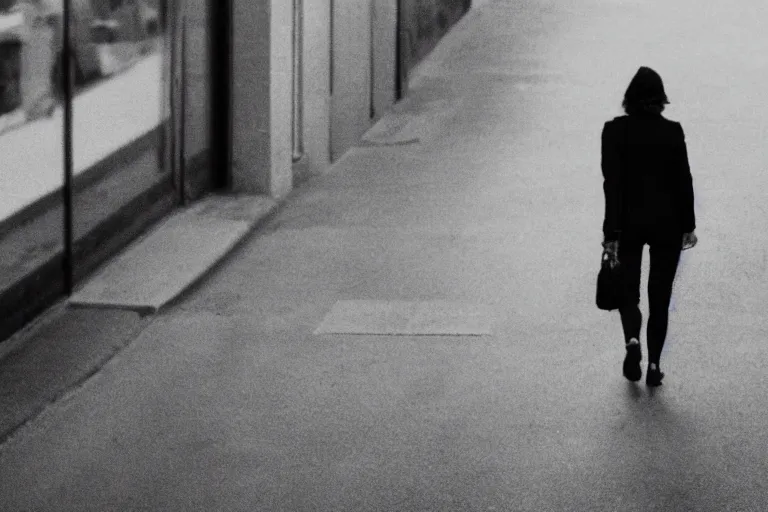 Image similar to Flim still of a woman drinking coffee, walking to work, long shot, wide shot, full shot