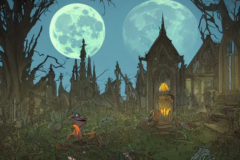 Image similar to an ultra detailed animation of a cartoon frog in a graveyard at midnight on halloween, digital art, dark fantasy, concept art, soulslike, by alphonse mucha, blood moon eclipse, ruined building in the background, artstation, 8 k, unreal engine render