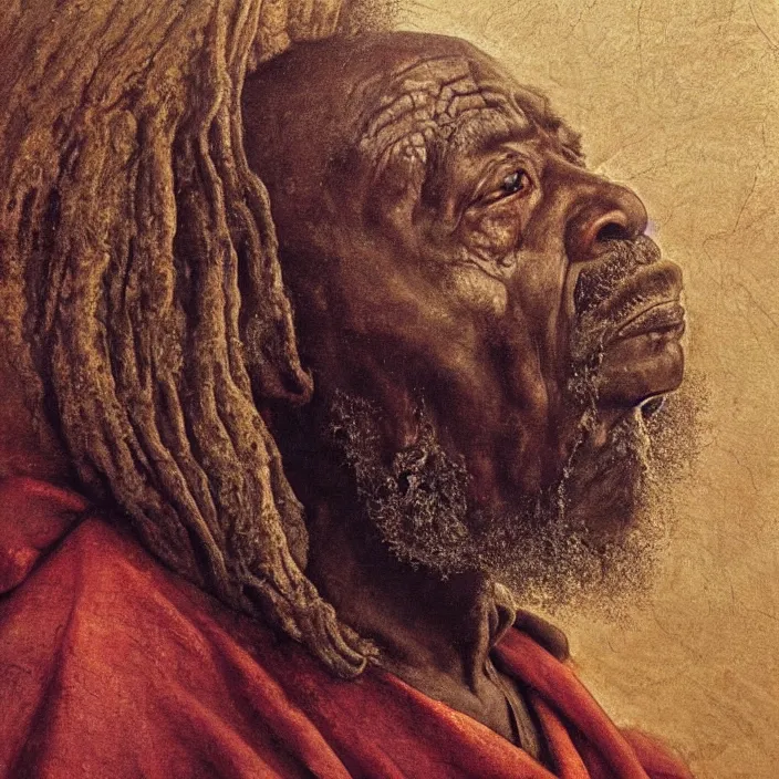 Image similar to a painting of a wise elder from Africa by Leonardo da Vinci . dramatic angle, ethereal lights, details, smooth, sharp focus, illustration, realistic, cinematic, artstation, award winning, rgb , unreal engine, octane render, cinematic light, macro, depth of field, blur, red light and clouds from the back, highly detailed epic cinematic concept art CG render made in Maya, Blender and Photoshop, octane render, excellent composition, dynamic dramatic cinematic lighting, aesthetic, very inspirational, arthouse.