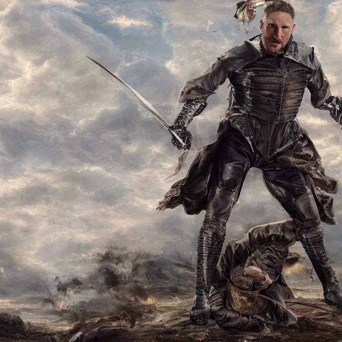 Image similar to professional photographic portrait of tom hardy as machiavelli fighting aliens with a sword strewn over the ground, renaissance style, fine art piece, incredible detail, vray rendering, high octane,