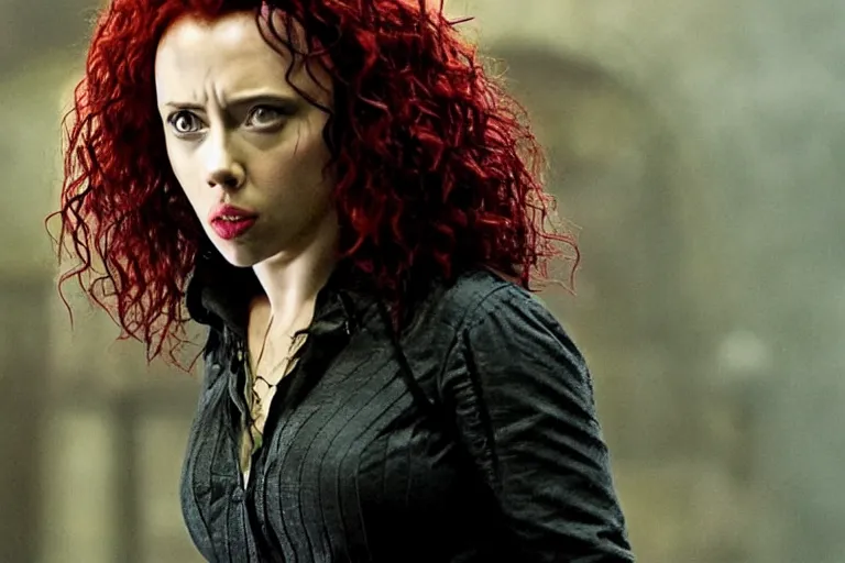 Image similar to film still Scarlet Johansson as Bellatrix Lestrange in Harry Potter movie