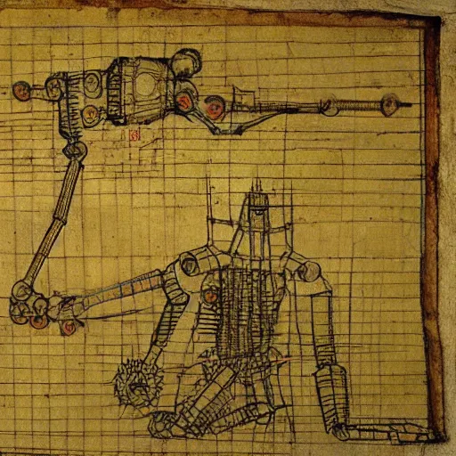 Image similar to ancient technical schematics, on parchment, by leonardo da vinci of a highly advanced futuristic robot