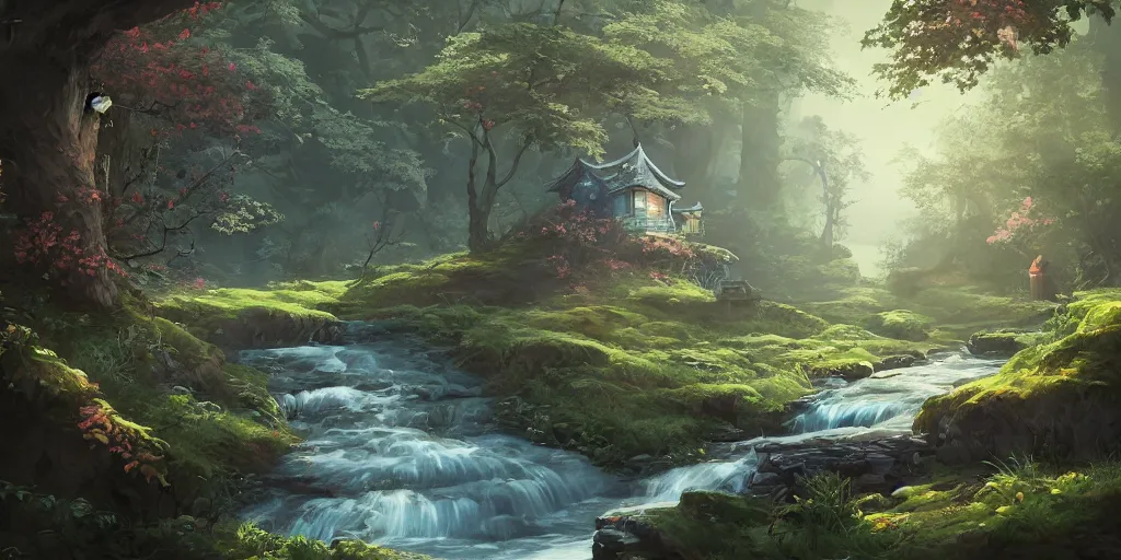 Image similar to woods on the mountain in spring with small stream and small house, warm atmosphere, ilustration, fairy tales, chinese mythology elements, characterized by roman shipunov, etienne hebinger, atey ghailan, cgsociety, fantasy art, 2 d game art