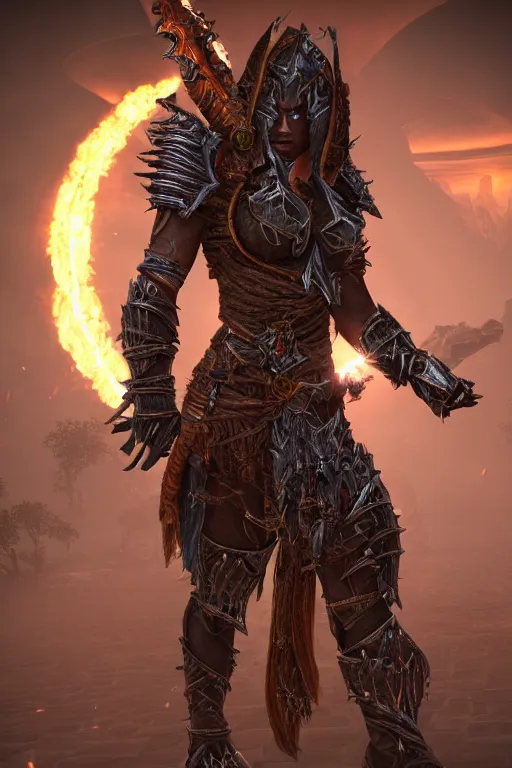 Image similar to beautiful amazonian warrior in demonic armour, diablo 4, ultra detail, upscale, ultra realistic, unreal engine 5