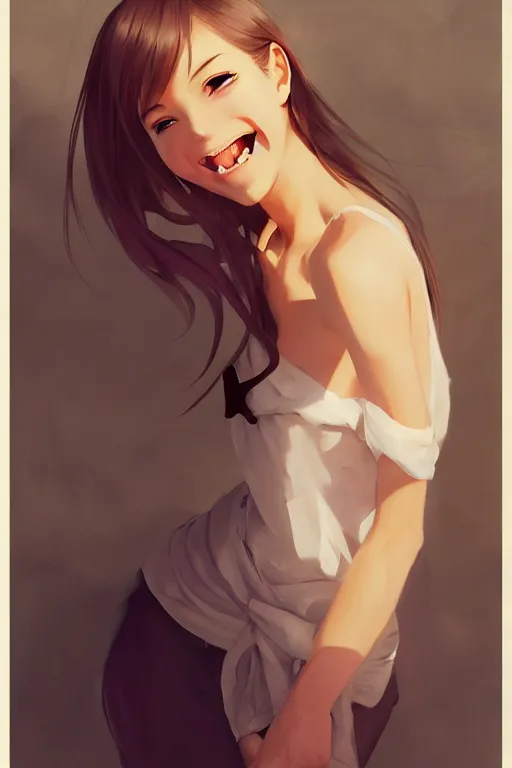 Prompt: a girl laughing gently, full shot, fine - face, realistic shaded perfect body, fine details. night setting. very anime style. realistic shaded lighting poster by ilya kuvshinov katsuhiro, magali villeneuve, artgerm, jeremy lipkin and michael garmash, rob rey and kentaro miura style, trending on art station