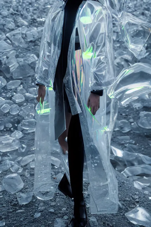 Image similar to an ultra high definition professional high fashion portrait studio full length photograph of a model wearing a transparent pearlescent raincoat and neon visor in an icelandic black rock environment at dawn. no artefacts. extremely detailed. stark. refraction. shallow depth of field. volumetric light and shadow. ray tracing. light rays.