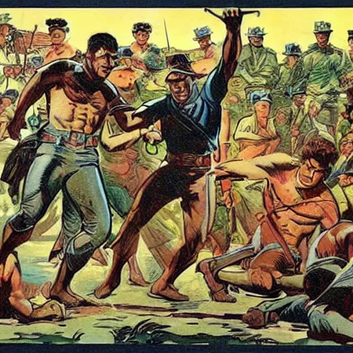 Image similar to a scene of the 1899 philippine-american conflict, comic art by john buscema