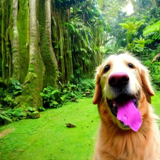 Prompt: selfie of a golden retriever dog showing tongue in front of a rainforest