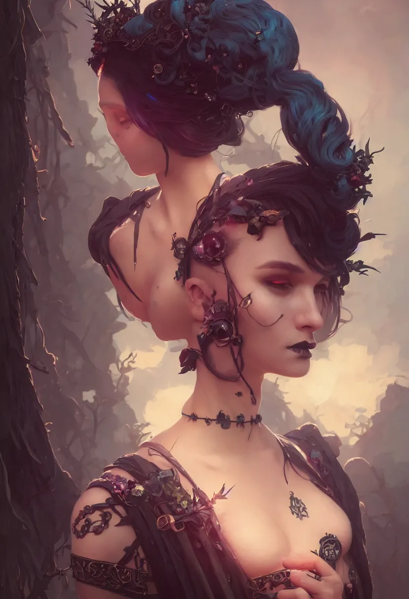 Image similar to beautiful portrait, goth girl, piercings collar, mohawk hairstyle, medieval dress. witch, makeup. unreal engine, greg rutkowski, loish, rhads, beeple, tom bagshaw, alphonse mucha, global illumination, detailed and intricate environment