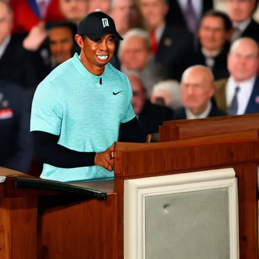 Prompt: tiger woods giving the state of the union address as president of the united states of america. ultra realistic. 4 k.