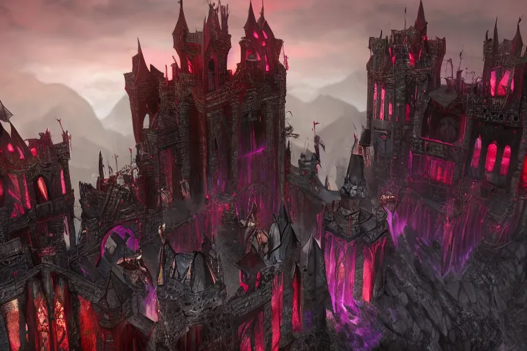 Image similar to big evil castle - city rock dark shadow elves, might and magic heroes vii, dark fantasy, shadows, artstation trending, unreal engine 5, red