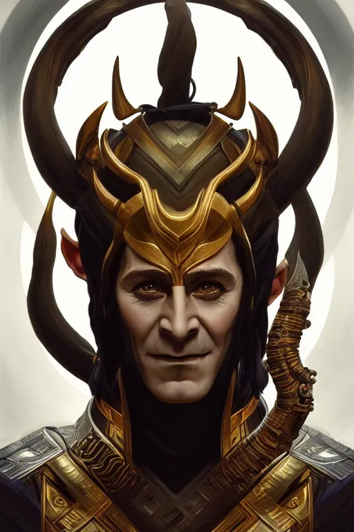 Image similar to symmetry!! portrait of loki in the style of god of war, machine parts embedded into face, intricate, elegant, highly detailed, digital painting, artstation, concept art, smooth, sharp focus, illustration, art by artgerm and greg rutkowski and alphonse mucha, 8 k