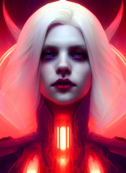 Image similar to symmetry!! portrait of a beautiful necromancer princess with white hair, sci - fi, glowing lights!! intricate, elegant, highly detailed, digital painting, artstation, concept art, smooth, sharp focus, illustration, blood red, ethereal, ominous, misty, octane render, by ruan jia and jeremy mann and alphonse mucha, 8 k