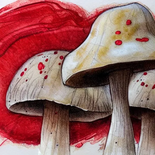 Prompt: loose drawing by jean - baptiste monge water color on white paper watercolor sketch mushroom hard edges, pencil lines, drips, runs, spatter, details. red chrome. jean - baptiste monge!!!!!