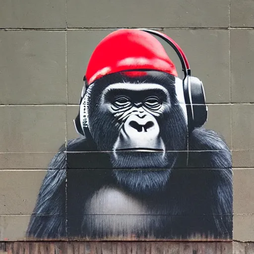 Image similar to gorilla wearing red headphones by banksy