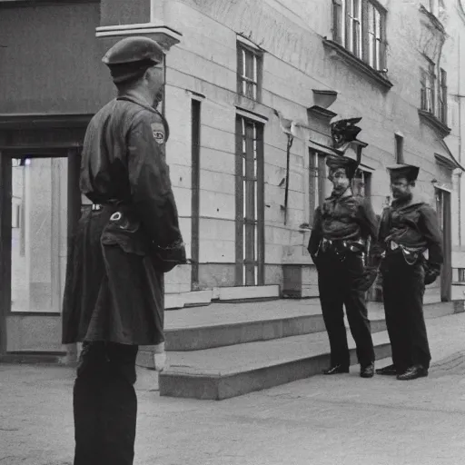 Prompt: by cassius marcellus coolidge casual overcast. the performance art of a police station in the lithuanian city of vilnius. in the foreground, a group of policemen are standing in front of the building, while in the background a busy street can be seen.