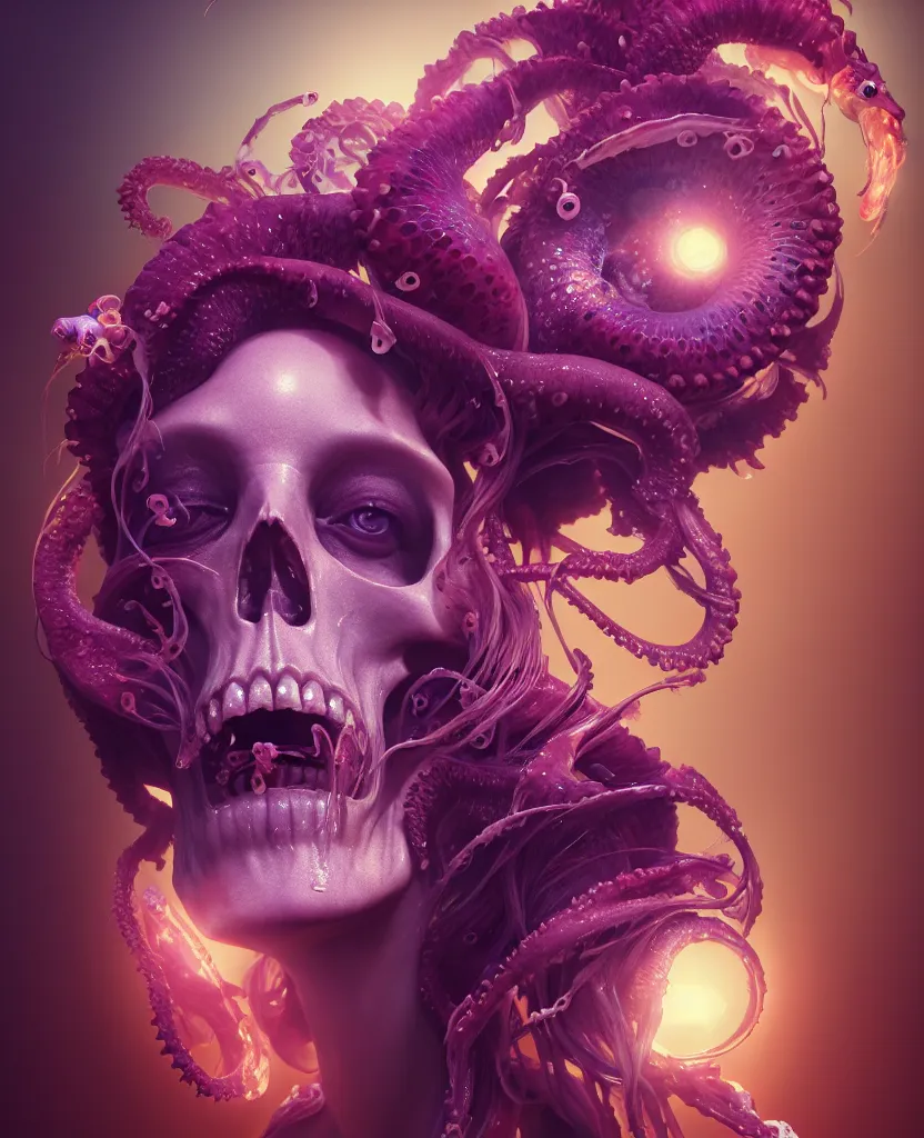 Image similar to goddess close - up portrait human skull, ram skull, squid phoenix jellyfish, orchid, betta fish, bioluminiscent, intricate artwork by tooth wu and wlop and beeple. octane render, trending on artstation, greg rutkowski very coherent symmetrical artwork. cinematic, hyper realism, high detail, octane render, 8 k