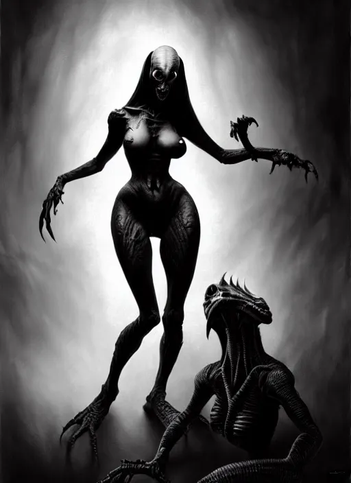 Image similar to ultra realist black and white horror painting of a dimly lit attractive alien female and hellish creature together, very intricate details, focus, curvy figure, model pose, full frame image, artstyle hiraku tanaka and craig mullins, award winning
