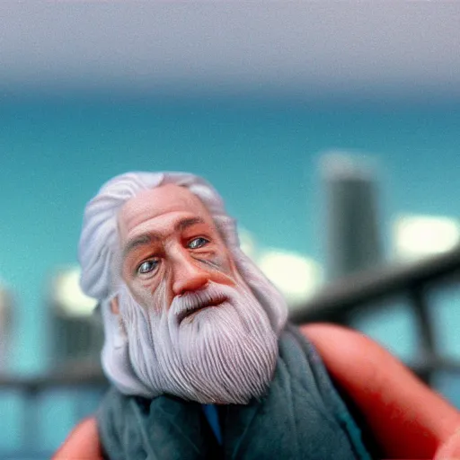 Image similar to beautiful hyperrealism three point perspective film still of Gandalf the grey boat racing in Miami Vice(1988) extreme closeup portrait in style of 1990s frontiers in translucent porclein miniature street photography seinen manga fashion edition, miniature porcelain model, focus on face, eye contact, tilt shift style scene background, soft lighting, Kodak Portra 400, cinematic style, telephoto by Emmanuel Lubezki