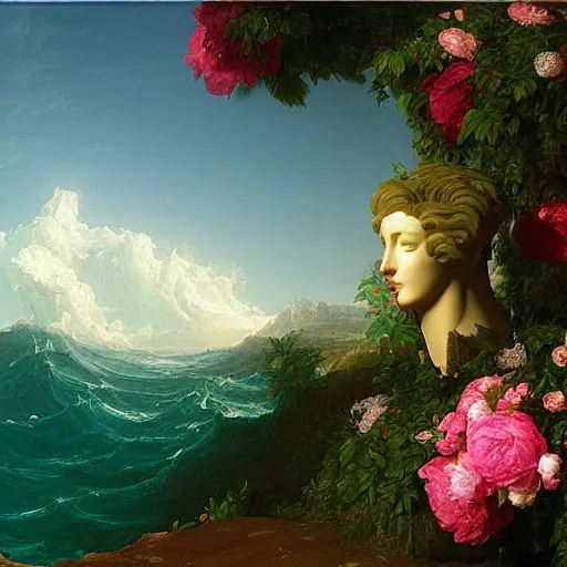 Image similar to Thomas Cole, Thomas Cole, award winning masterpiece with incredible details, Thomas Cole, a surreal vaporwave vaporwave vaporwave vaporwave vaporwave painting by Thomas Cole of an old pink mannequin head with flowers growing out, sinking underwater, highly detailed Thomas Cole