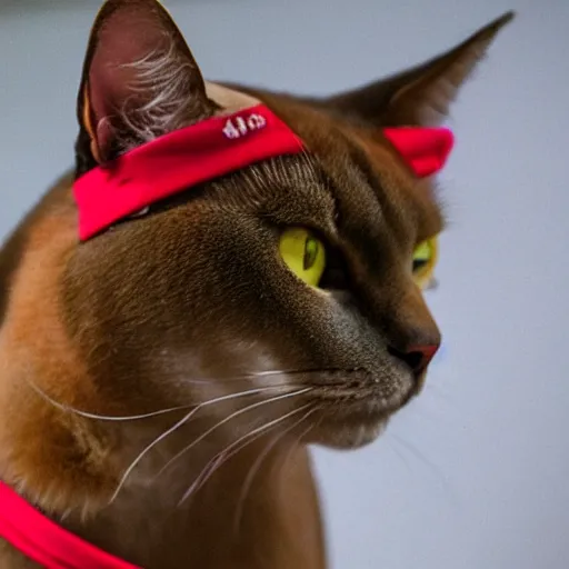 Image similar to a burmese cat with ginger fur, with a red bandanna around its neck and lots of mediterranean jewellery