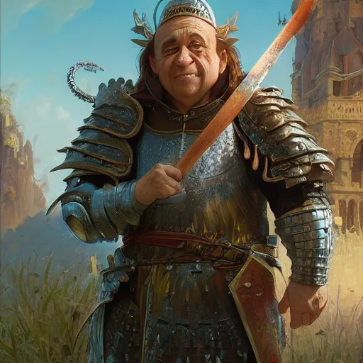 Image similar to Highly detailed portrait of danny devito as a knight, unreal engine, fantasy art by Greg Rutkowski, Loish, Rhads, ferdinand knab, Makoto Shinkai and Lois van baarle, ilya kuvshinov, rossdraws, Tom Bagshaw, alphonse mucha, global illumination, radiant light, detailed and intricate environment