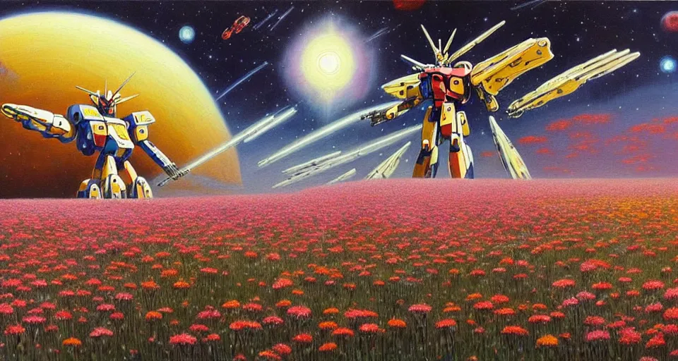 Image similar to a beautiful painting of a large mechanical mecha gundam in a field of flowers by moebius, underneath a star filled night sky, harold newton, zdzislaw beksinski, donato giancola, warm coloured, gigantic pillars and flowers, maschinen krieger, beeple, star trek, star wars, ilm, atmospheric perspective