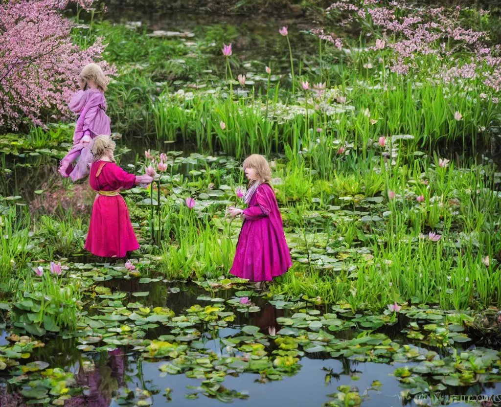 Image similar to a hobbit girl backlit carrying flowers near a mirror like pond, by martin parr, colorful clothing, springtime flowers and foliage in full bloom, lotus flowers on the water, dark foggy forest background, sunlight filtering through the trees, 3 5 mm photography