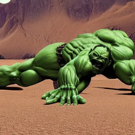 Image similar to The hulk’s skeleton found in the desert