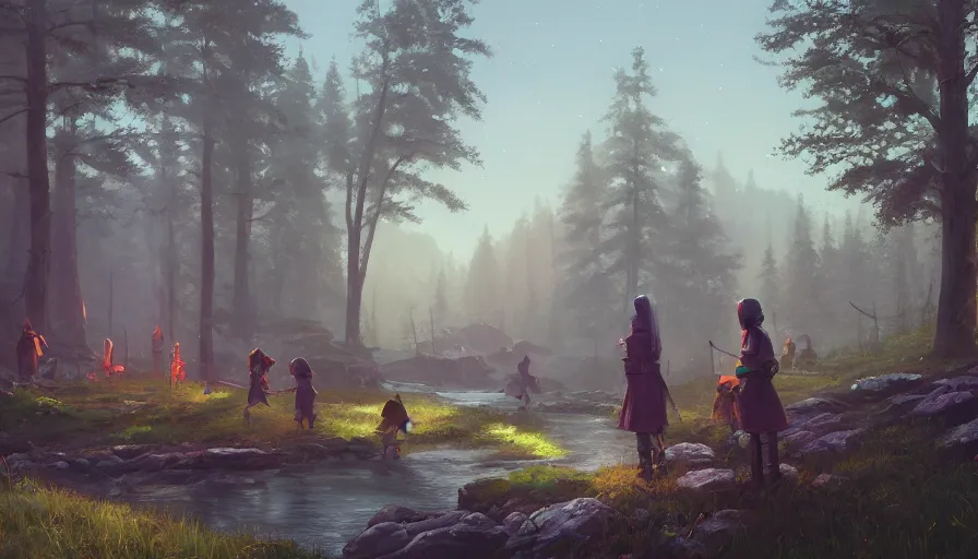 Prompt: oil on panel, painting the elder scrolls art, riverwood, villagers, kids by simon stålenhag, rendered by Beeple, by Makoto Shinkai, syd meade, concept, digital art, WLOP, trending on artstation, 4K UHD image