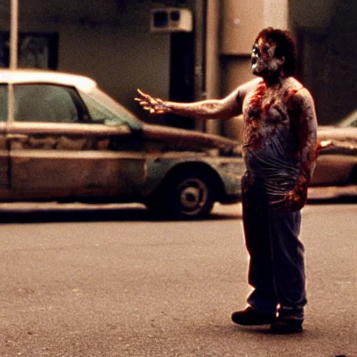 Image similar to zombie danny devito in fight club, anamorphic lens, cinestill colour