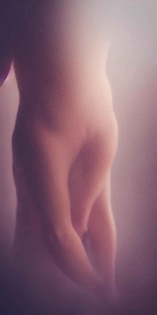 Image similar to a blurry closeup picture of woman's skin gripped tightly, female bodies, hands, dripping wet, macro photography, long exposure photograph, surrealism, anamorphic bokeh, cozy, soft light, cyan and orange, caustic, atmospheric fog, octane render, cinematic