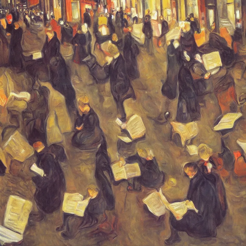 Prompt: lots of people reading on street, canvas, oil paint, magnification, cinematic, detailed, artwork by edvard munch