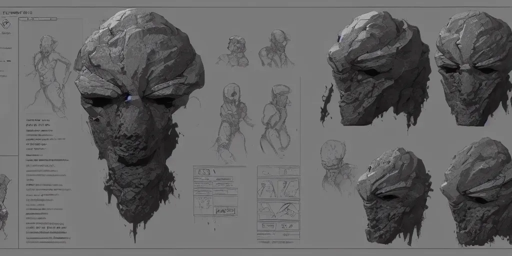 Image similar to rock mask design, character sheet, Moebius, Greg Rutkowski, Zabrocki, Karlkka, Jayison Devadas, Phuoc Quan, trending on Artstation, 8K, ultra wide angle, zenith view, pincushion lens effect.