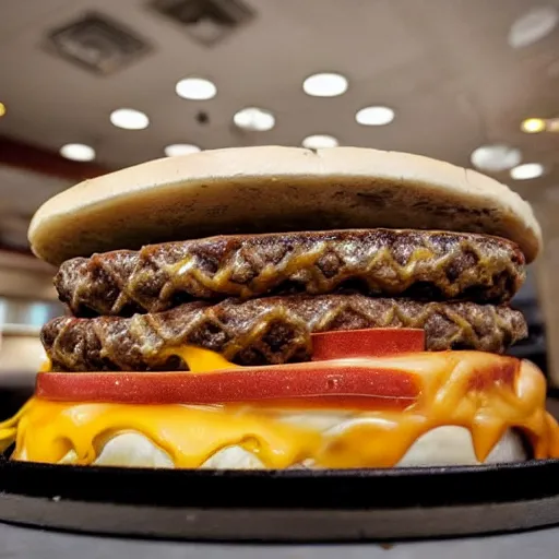 Image similar to a cheeseburger with 1 0 0 0 slices of cheese in it, overflowing with cheese, touching the ceiling