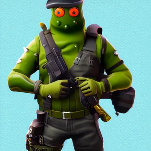 Image similar to anthropomorphic pickle man wearing bullet proof vest, ammo bandolier, tactical cargo pants, black military boots. fortnite character design