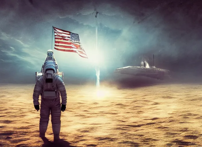 Image similar to astronaut holding a flag in an underwater desert. a submarine is visible in the distance. dark, concept art, cinematic, dramatic, atmospheric, 8 k, trending on artstation, blue, fish, low visibility, fog, ocean floor, christopher nolan, interstellar