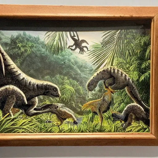 Prompt: peaceful prehistoric jungle landscape with a velociraptor and its chicks in the foreground, award winning art, relaxed, happy atmosphere