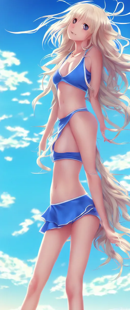 Image similar to a very beautiful young anime tennis girl, full body, long wavy blond hair, sky blue eyes, ( ( ( full round face ) ) ), short smile, bikini, miniskirt, front view, mid - shot, highly detailed, cinematic wallpaper by stanley artgerm lau