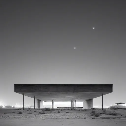 Image similar to big concrete structure in the desert at night, neon lights, minimalist architecture, james turrel,