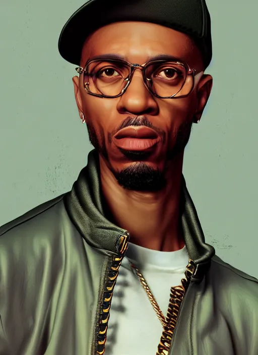 Prompt: a 3 d rendered portrait of an 9 0's era hiphop artist by artist hadi karimi, wlop, artgerm, greg rutkowski, confident expression, dramatic lowkey studio lighting, accurate skin textures, octane renderer, hyperrealism, zbrush, cgsociety, aesthetically pleasing and harmonious vintage colors