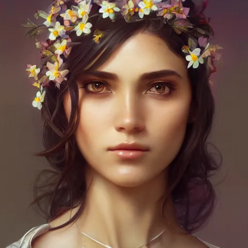 Prompt: Instagram Model with flowers in her hair, olive skin, long dark hair, beautiful bone structure, intricate, elegant, highly detailed, digital painting, artstation, concept art, smooth, sharp focus, illustration, art by artgerm and greg rutkowski and alphonse mucha