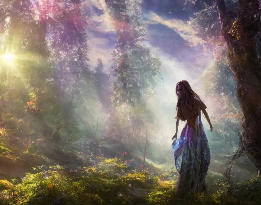 Prompt: traveling woman in magical forest, beautiful sky and sun shine, fantasy artwork, very beautiful scenery, hd, hdr, ue 5, ue 6, unreal engine 5, cinematic 4 k wallpaper, 8 k, ultra detailed, by popular digital, details, beautiful image ever created, high resolution, artstation, award winning, detailed body, details face, realistic body proportions