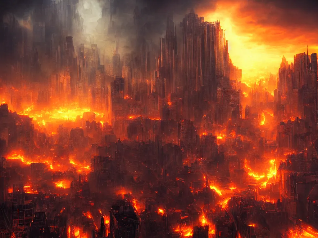 Prompt: city on fire at night metropolis at fire apocalyptic cinematic shot, noah bradley,
