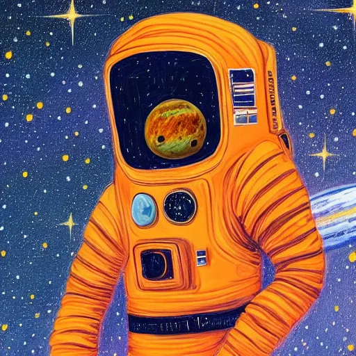 Prompt: Intricate ultradetailed portrait of an orange astronaut floating in space surrounded by vibrant nebula and stars, trending on Flicker