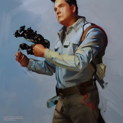 Image similar to greg manchess portrait painting of partially armored ghostbuster peter venkman overwatch character, medium shot, asymmetrical, profile picture, organic painting, sunny day, matte painting, bold shapes, hard edges, street art, trending on artstation, by huang guangjian and gil elvgren and sachin teng