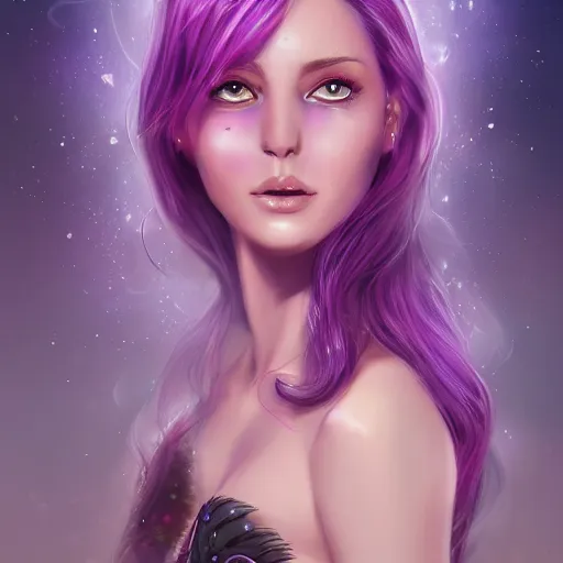 Prompt: portrait of a beautiful young woman with bright purple eyes, flowing pink hair, celestial background, detailed face, fantasy, highly detailed, cinematic lighting, digital art painting by artgem, trending on artstation, very very beautiful, very attractive, high fantasy, spectacles