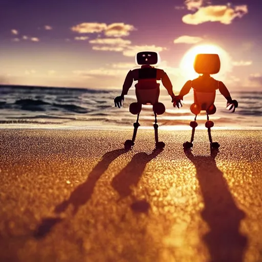 Prompt: cute tiny robots holding hands taking a stroll on the beach golden hour with lots of cute hearts floating in the air at sunset