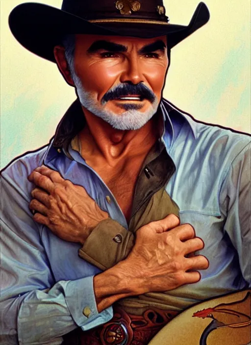 Image similar to burt reynolds wearing cowboy hat, painting by artgerm and greg rutkowski and alphonse mucha